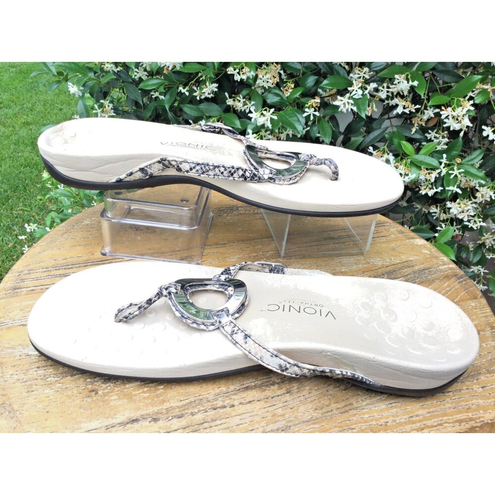 Vionic Karina Sz 10 Leather Faux Snake Skin Thong Arch Support Sandal Orthaheel